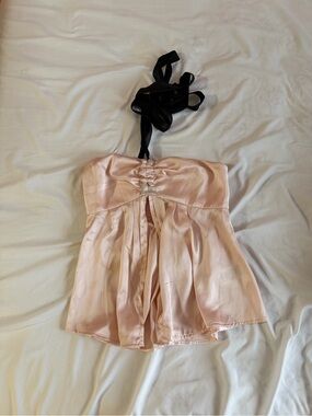 Kimchi Blue Satin Blush Pink Halter Tank Top with Black Straps